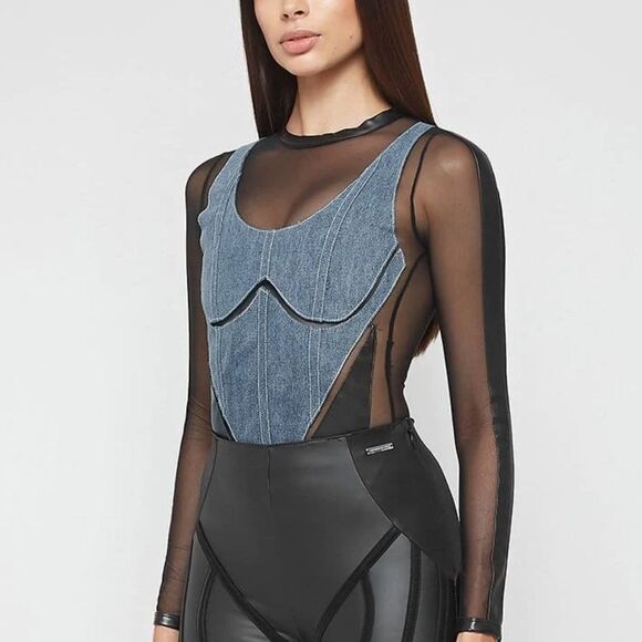 MANIÉRE DE VOIR DENIM CORSET MESH BODYSUIT - Picture 4 of 13